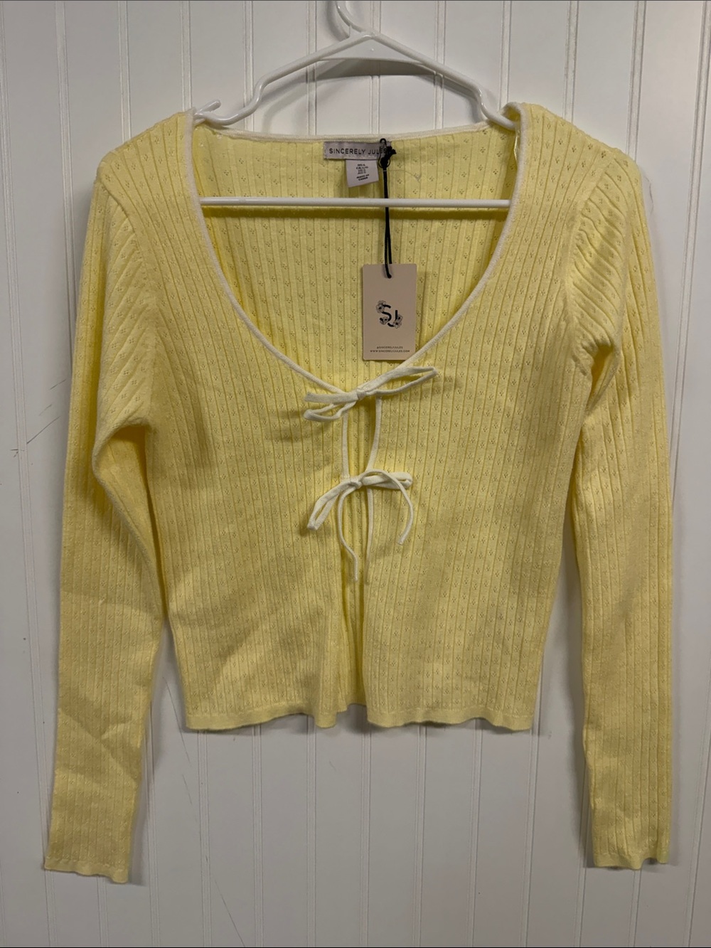 Sincerly Jules Light Yellow Tie-Front Ribbed Long Sleeve Top